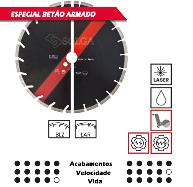 Disco Lar e BLZ, segmento laser, Disco de corte de betão curado, concreto, Cortadoras de pavimentos, Juntas de dilatação, Disco diamantados Solga Disco Lar e BLZ, segmento laser, Disco de corte de betão curado, concreto, Cortadoras de pavimentos, Juntas de dilatação, Disco diamantados Solga