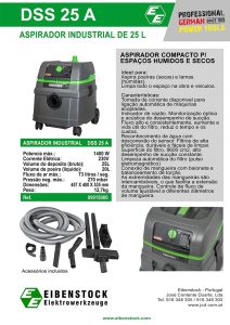 Aspirador Industrial Eibenstock DSS 25A, Eibenstock, Aspiradores Industriais, DSS 25 A, Aspiradores, 25 Litros, a seco, húmido, Aspiradores profissionais Aspirador Industrial Eibenstock DSS 25A, Eibenstock, Aspiradores Industriais, DSS 25 A, Aspiradores, 25 Litros, a seco, húmido, Aspiradores profissionais
