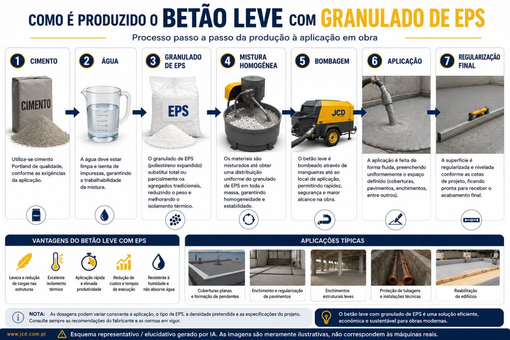 Infografico, gerado por IA, Betão Aligeirado, Betão Leve, Betão Celular, Dicas, construção, EPS, esferovite, Poliestireno expandido, isolamentos térmicos, construtores, Portugal