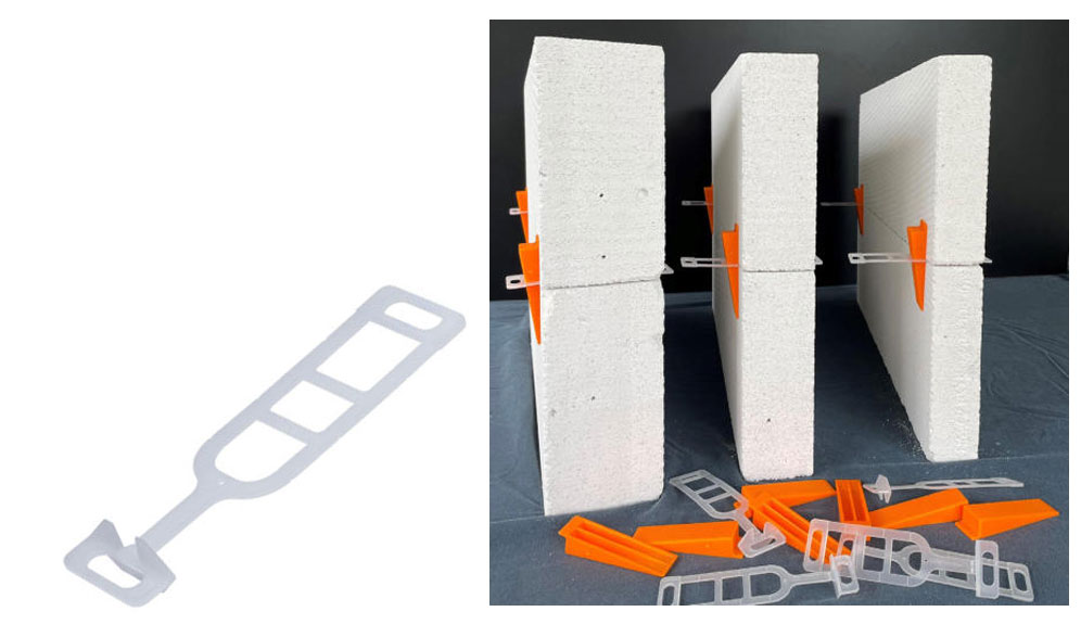 Espaçadores, Niveladores, Peças em plástico, para garantir uma boa colocação de blocos de betão celular Espaçadores, Niveladores, Peças em plastico, para garantir uma boa colocação de blocos de betão celular