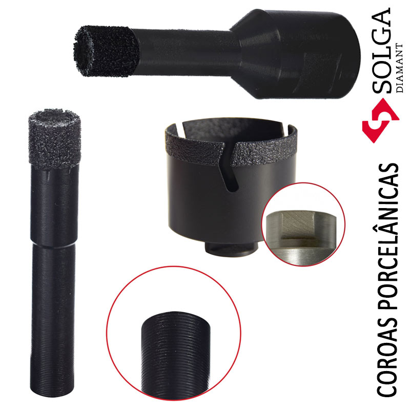 Brocas Porcelânicas, Coroas Vacuum, Marca Solga, Brocas diamantes, Caroteadoras, Ferramentas perfuradoras, Porcelana, Grés, Vidro, Diamante de alta dureza