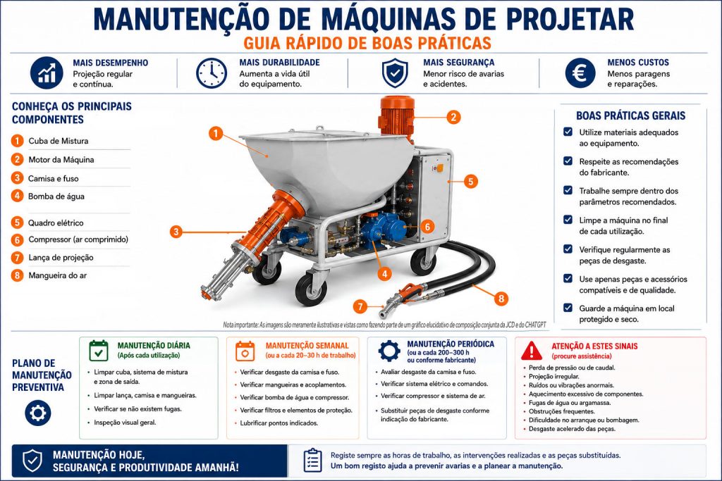 Grafico IA. Manutenção de Máquinas de Projetar: Boas Práticas, Limpeza, Maquinas de reboco, Gesso, Argamassas, Portugal, Construção