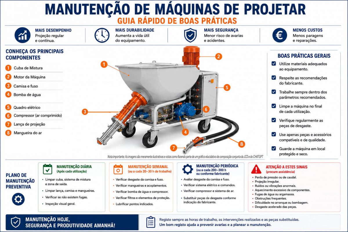 Grafico IA. Manutenção de Máquinas de Projetar: Boas Práticas, Limpeza, Maquinas de reboco, Gesso, Argamassas, Portugal, Construção
