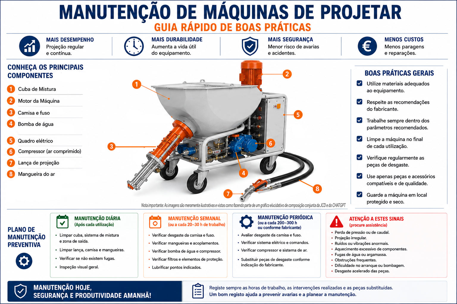 Gráfico exclusivo JCD / Chat GPT / IA. Manutenção de Máquinas de Projetar, Boas Práticas, Limpeza, Maquinas de reboco, Gesso, Argamassas, Portugal, Construção Gráfico exclusivo JCD / Chat GPT / IA. Manutenção de Máquinas de Projetar, Boas Práticas, Limpeza, Maquinas de reboco, Portugal, Construção